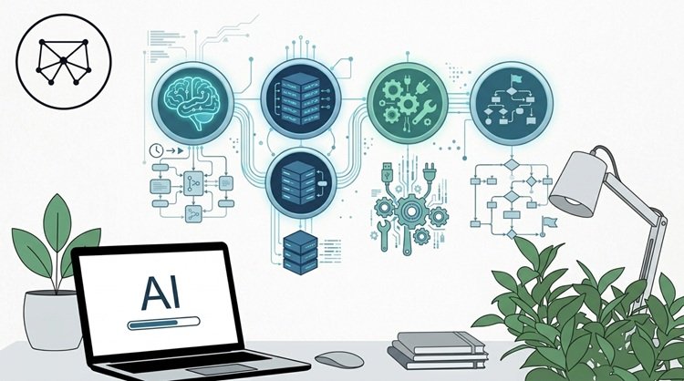 A light-themed workspace illustration showcasing four connected AI agent components Reasoning, Memory, Tools, and Planning.
